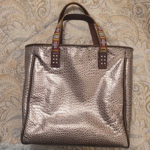 Consuela Metallic Tote Bag Native American Pattern Handle Faux Leather Alligator